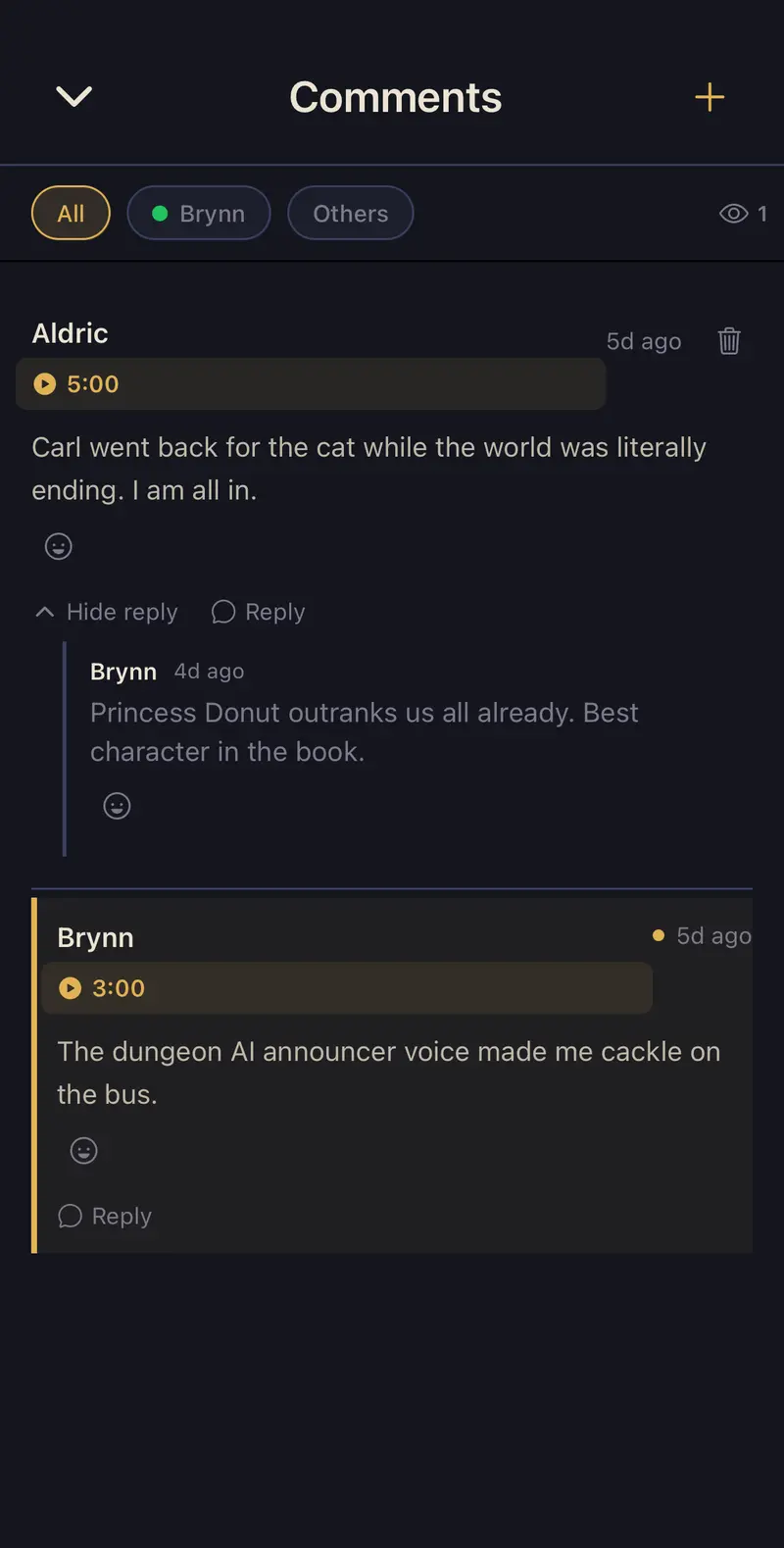A book's comment thread: timestamped comments with replies and reactions, filtered by guild member