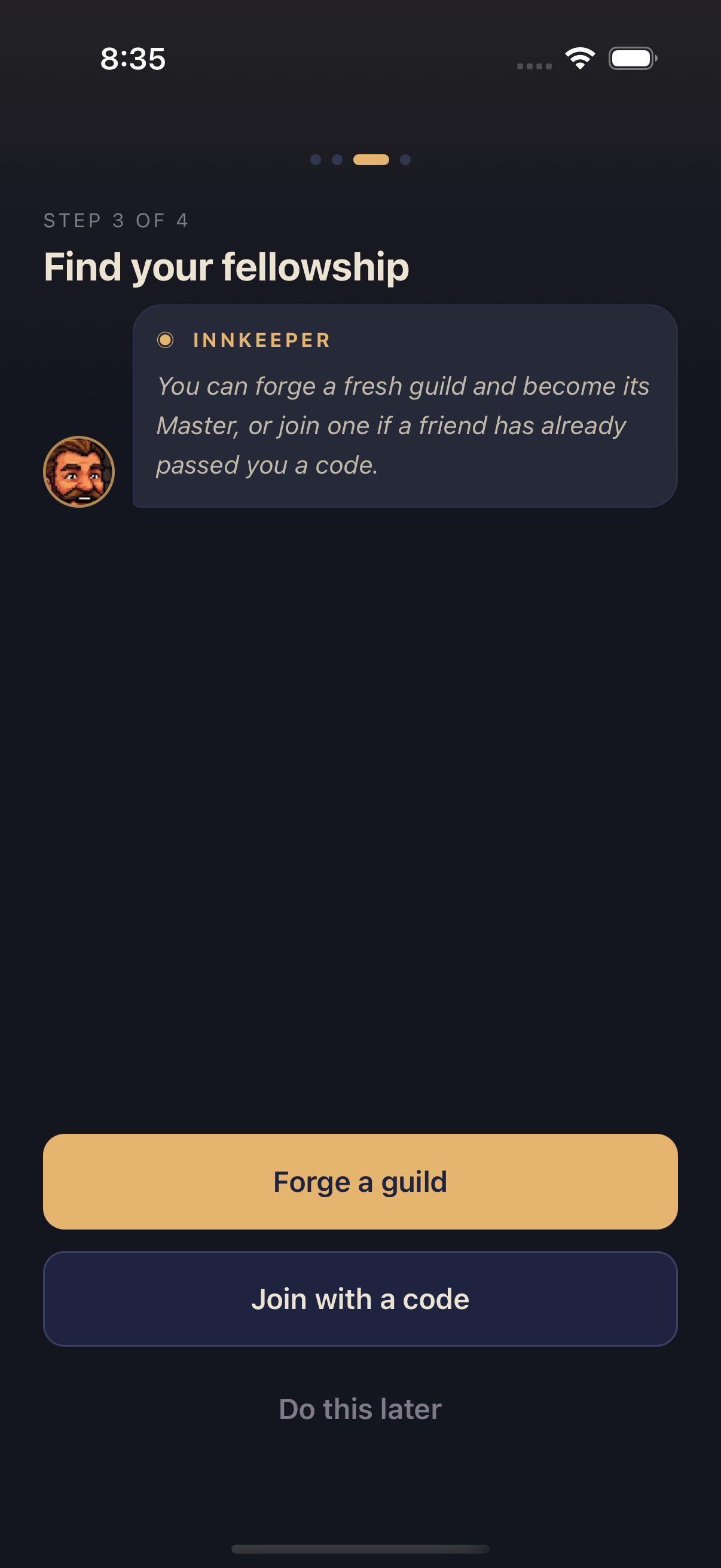 Find your fellowship screen with Forge a guild and Join with a code buttons, plus a Do this later skip link