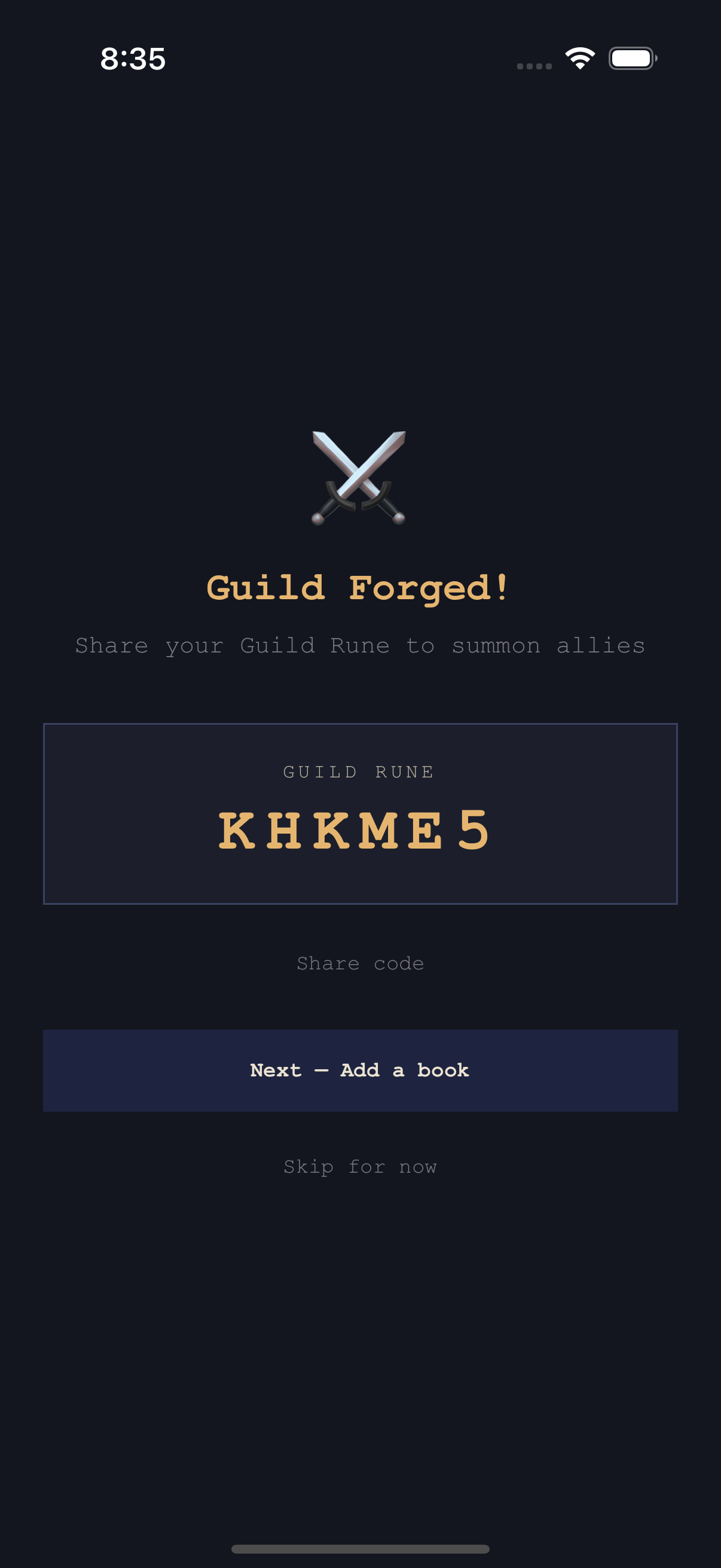 Guild Forged success screen showing a 6-character invite code, a Share code button, a Next — Add a book button, and a Skip for now link