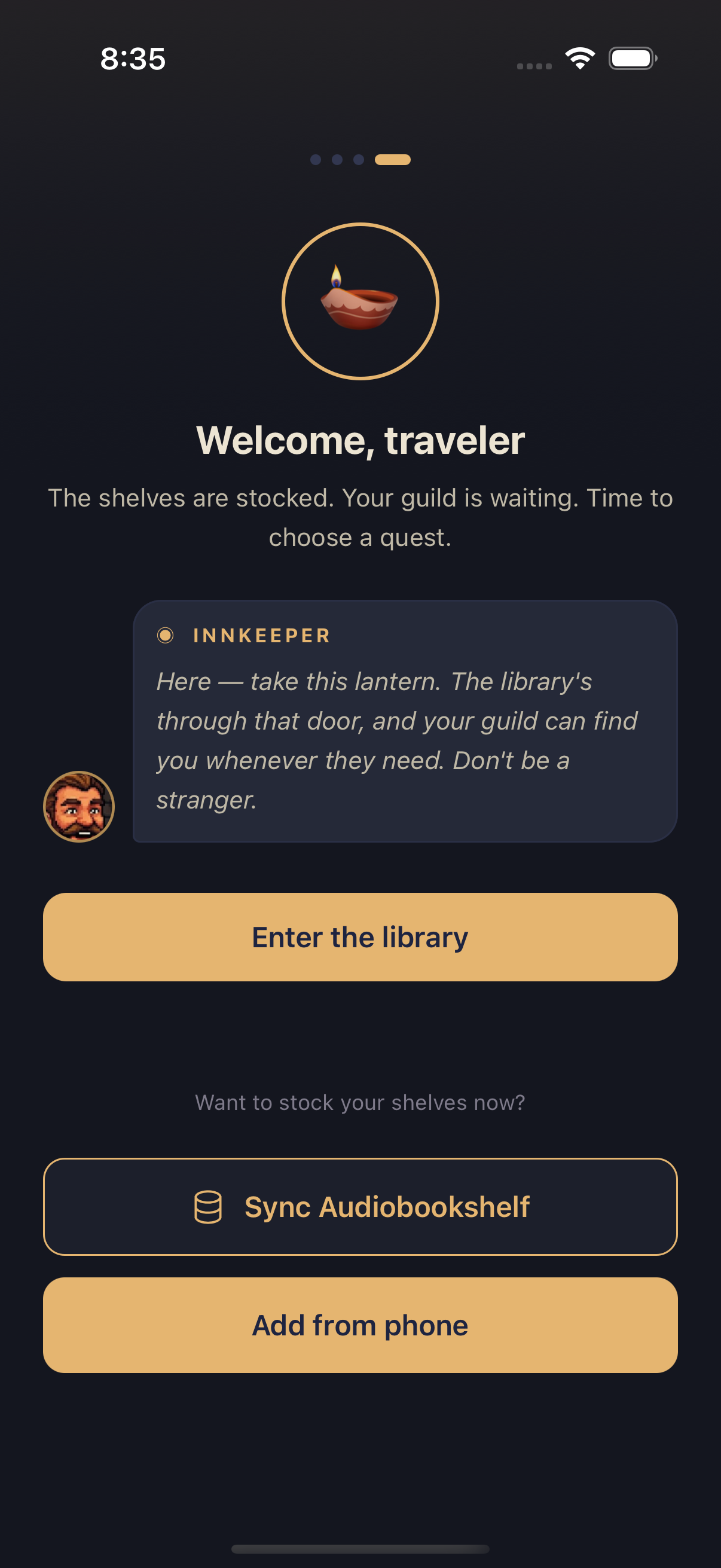 Welcome traveler screen with Sync Audiobookshelf and Add from phone buttons