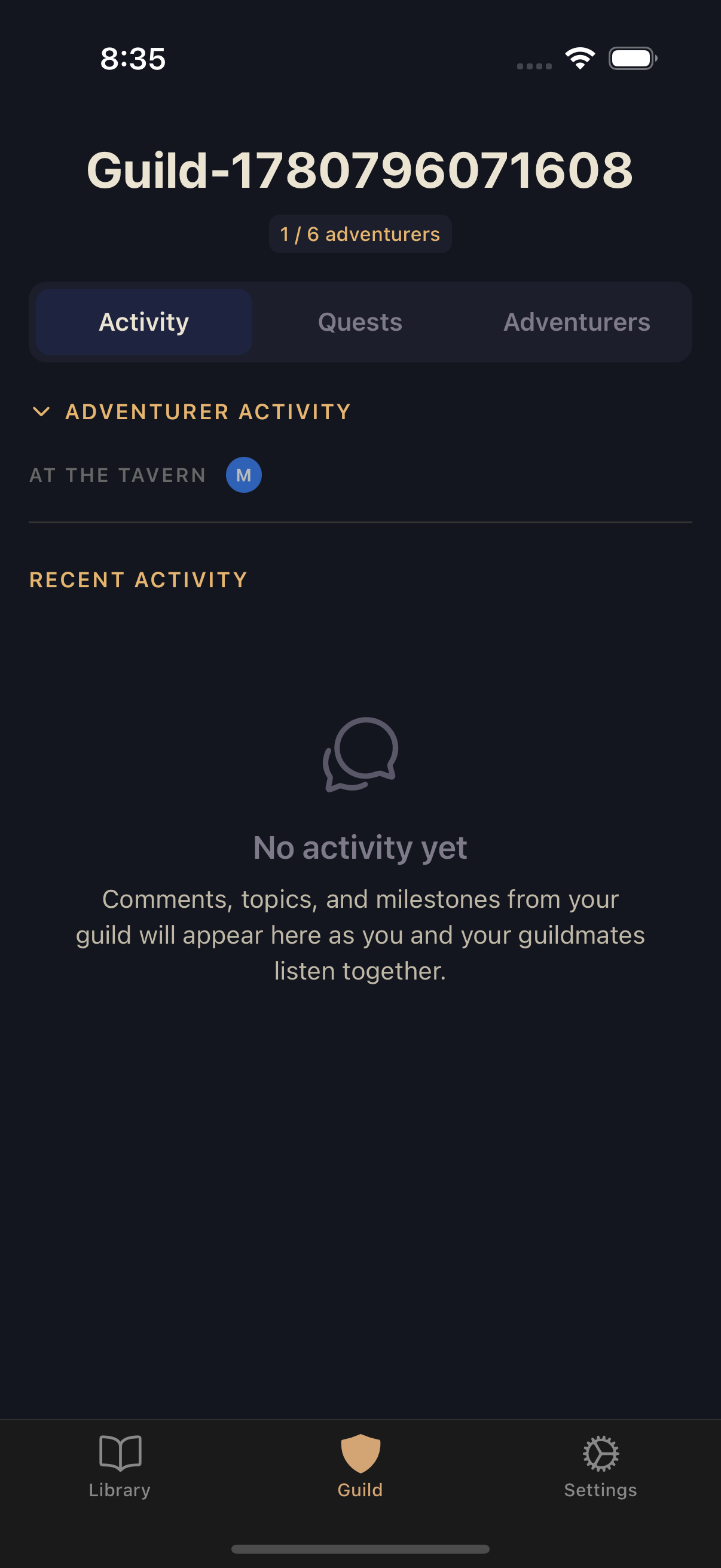 Guild activity screen showing the Guild name, 1 of 6 adventurers, and Activity, Quests, and Adventurers tabs