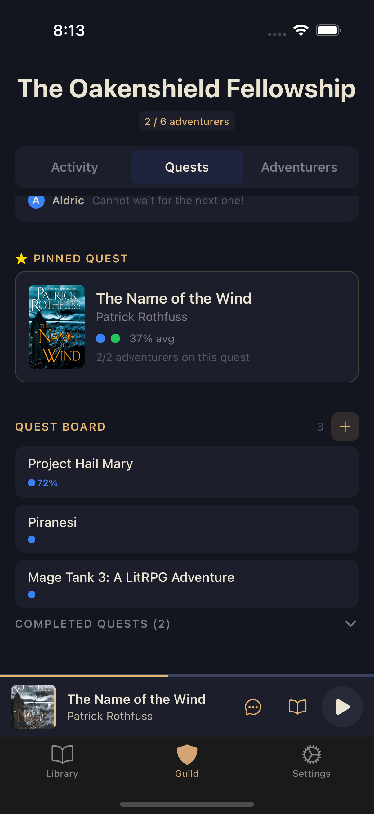 The Quests tab showing a pinned spotlight quest with member progress dots, a Quest Board list of three books, and a collapsed Completed Quests section