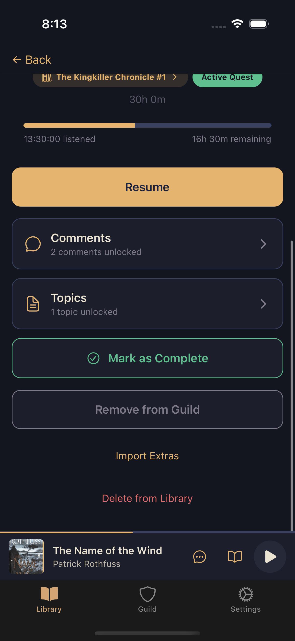 Book details screen showing Comments and Topics cards, Mark as Complete, and Remove from Guild buttons