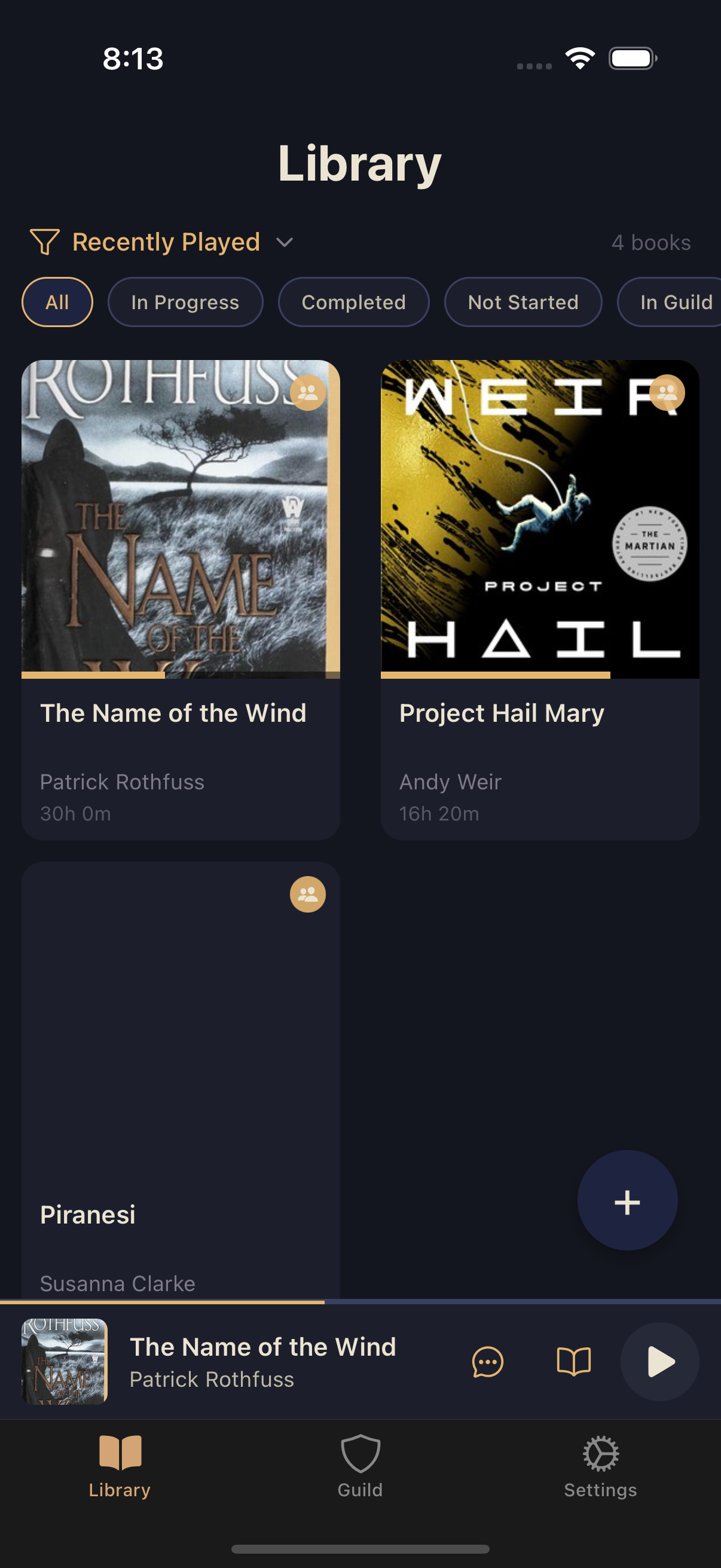 Squabble Library screen with the All filter selected and books shown as cards