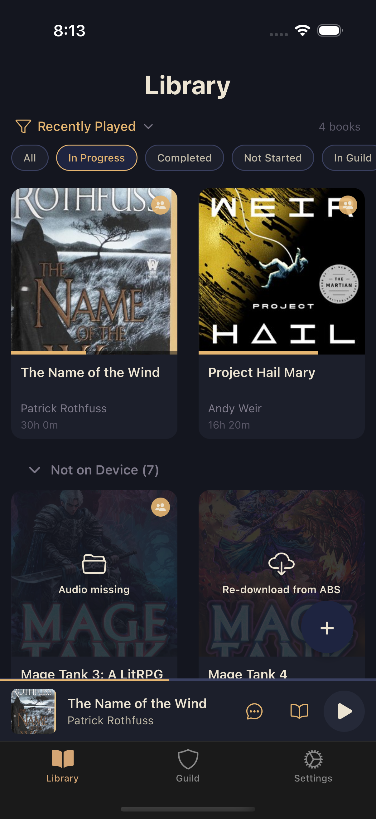 Library screen with a Not on Device section showing an Audio missing tile and a Re-download from ABS tile