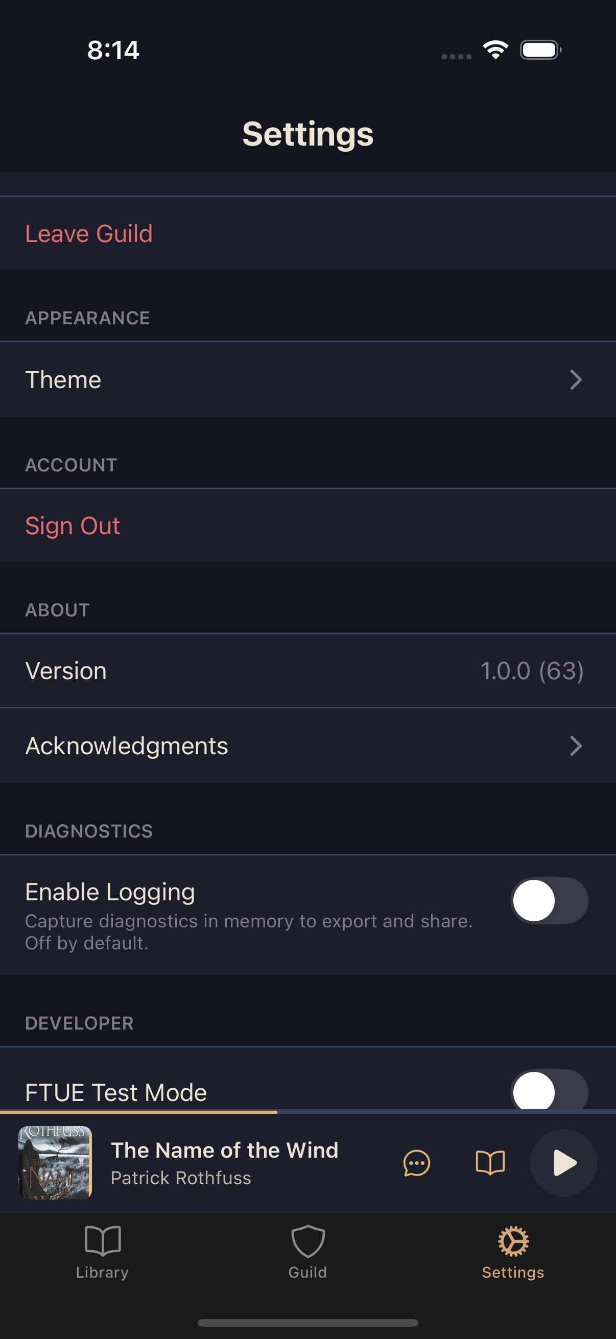 Settings screen showing display name, email, and Titles section