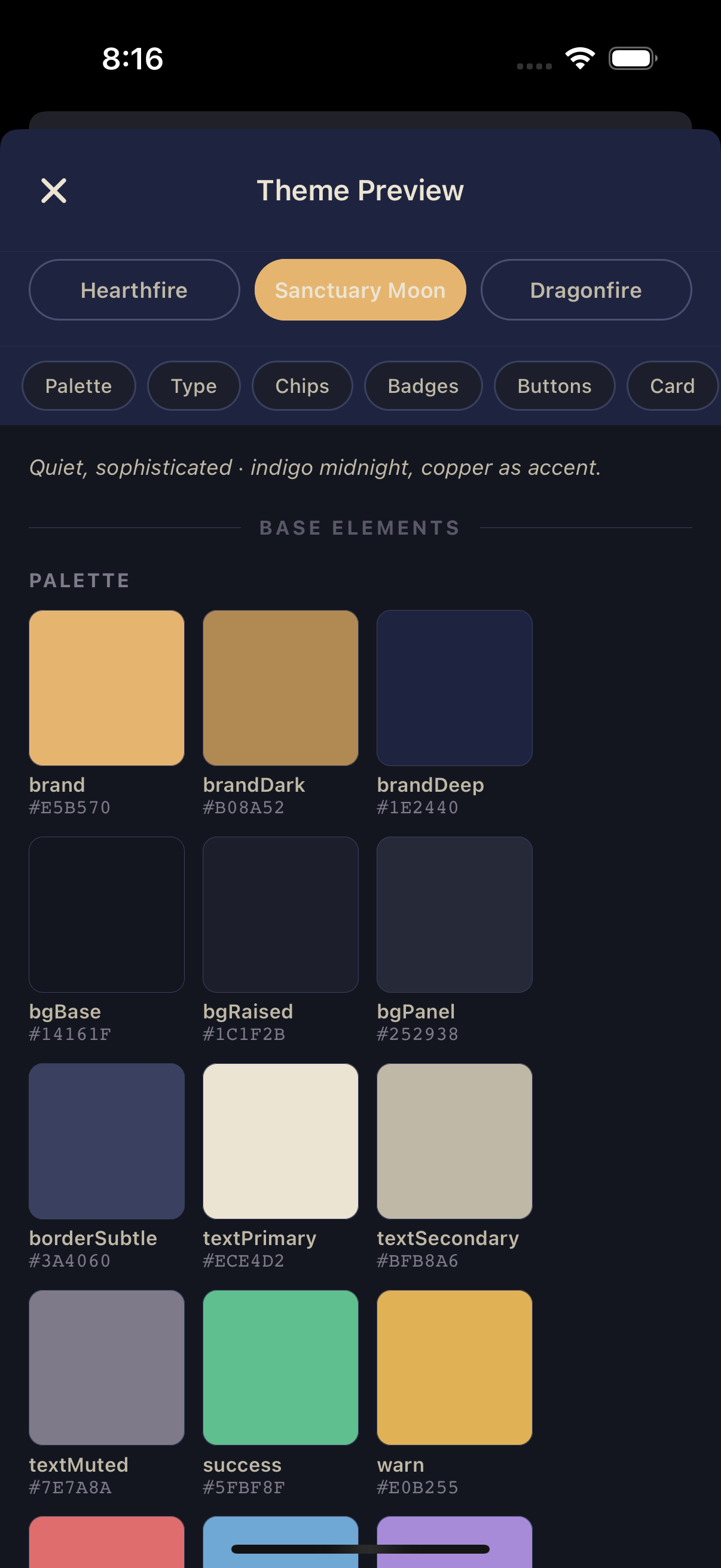 Theme preview screen showing Sanctuary Moon, Hearthfire, and Dragonfire theme options
